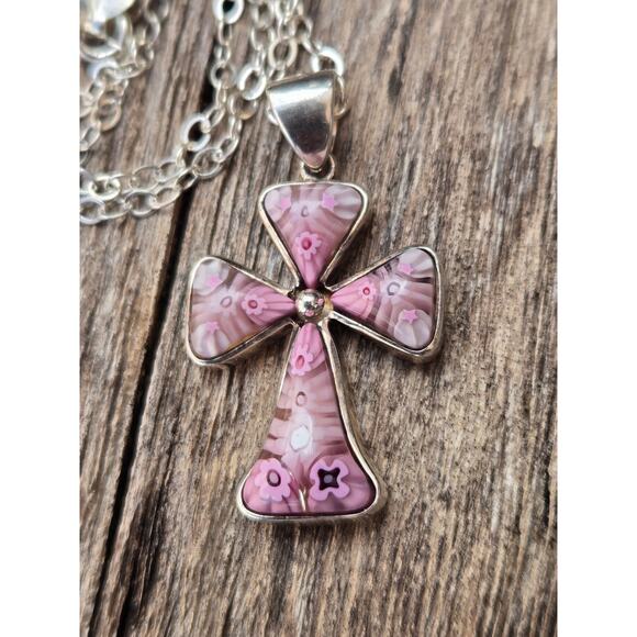 Vintage Alan K Millefiori of Venice Sterling Silver Pink Cross Pendant Necklace - Picture 8 of 10